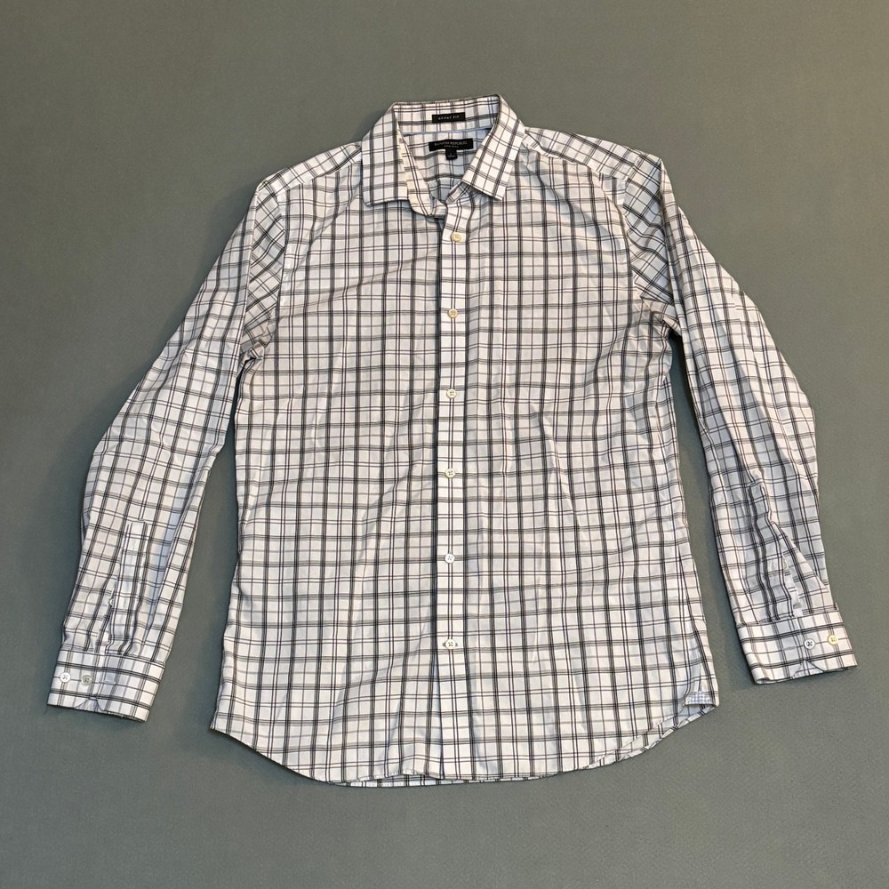 Banana Republic Mens Grant Fit Non-Iron‎ Dress Shirt White Plaid Large 16-16.5
